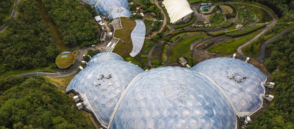 Aerial view of the Eden Project biomes and gardens in Cornwall