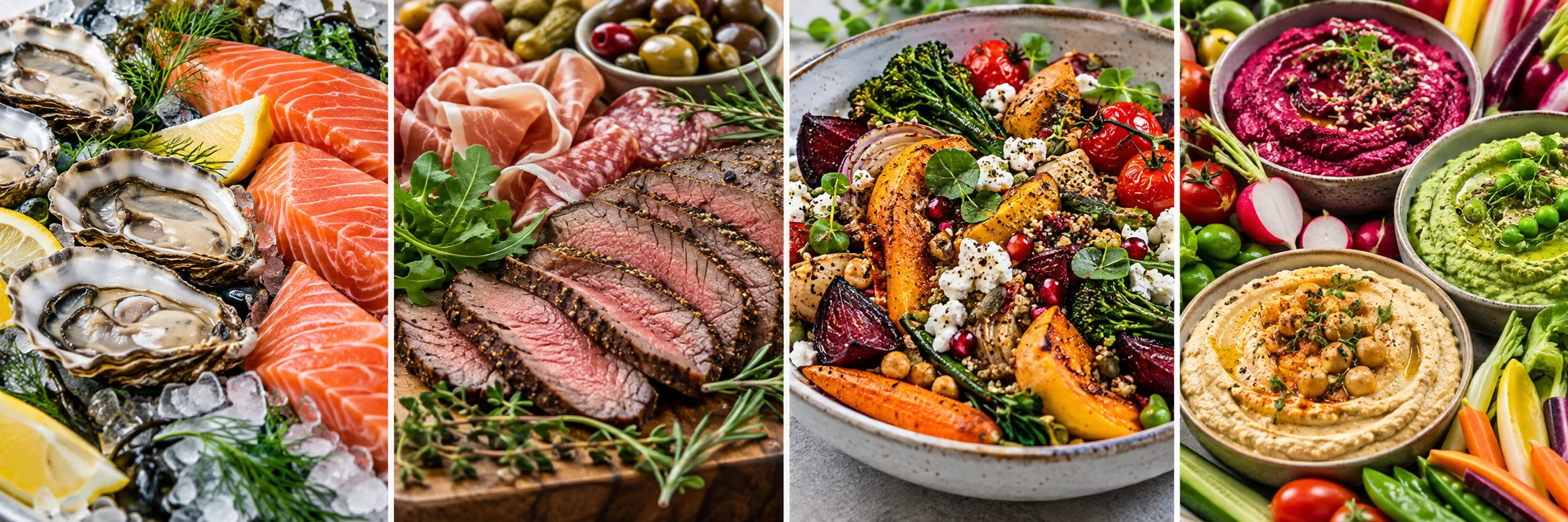 Illustrative seafood, cooked meats, prepared meals and plant-based dips